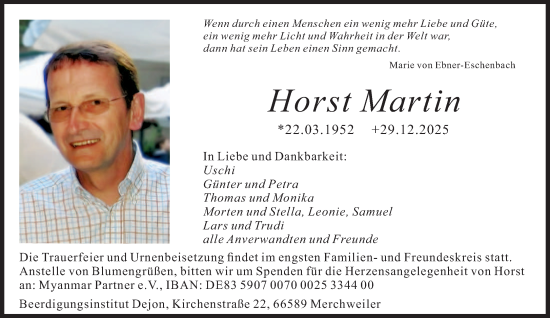 Traueranzeige von Horst Martin von saarbruecker_zeitung