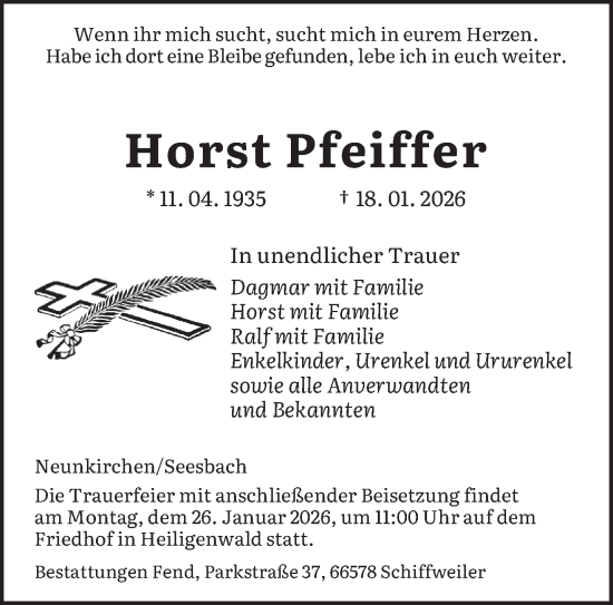 Traueranzeige von Horst Pfeiffer von saarbruecker_zeitung