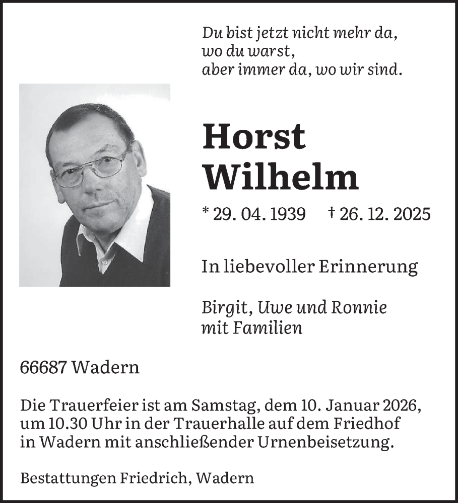  Traueranzeige für Horst Wilhelm vom 03.01.2026 aus saarbruecker_zeitung