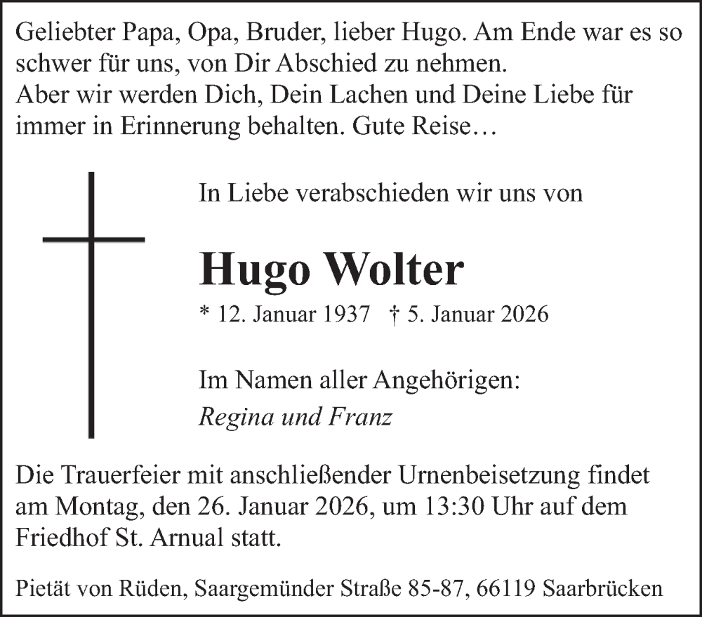  Traueranzeige für Hugo Wolter vom 17.01.2026 aus saarbruecker_zeitung
