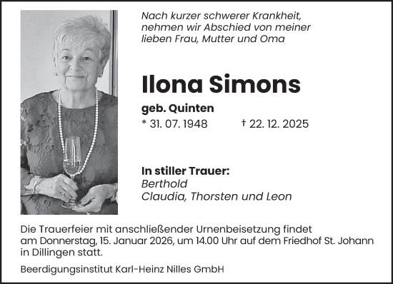 Traueranzeige von Ilona Simons von saarbruecker_zeitung