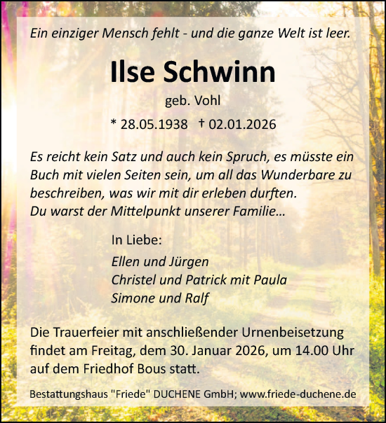 Traueranzeige von Ilse Schwinn von saarbruecker_zeitung