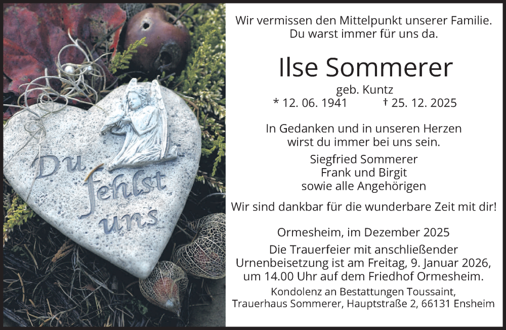  Traueranzeige für Ilse Sommerer vom 03.01.2026 aus saarbruecker_zeitung