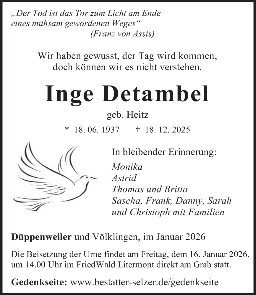 Traueranzeige für Inge Detambel vom 03.01.2026 aus saarbruecker_zeitung
