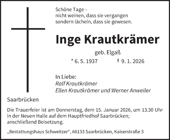 Traueranzeige von Inge Krautkrämer von saarbruecker_zeitung