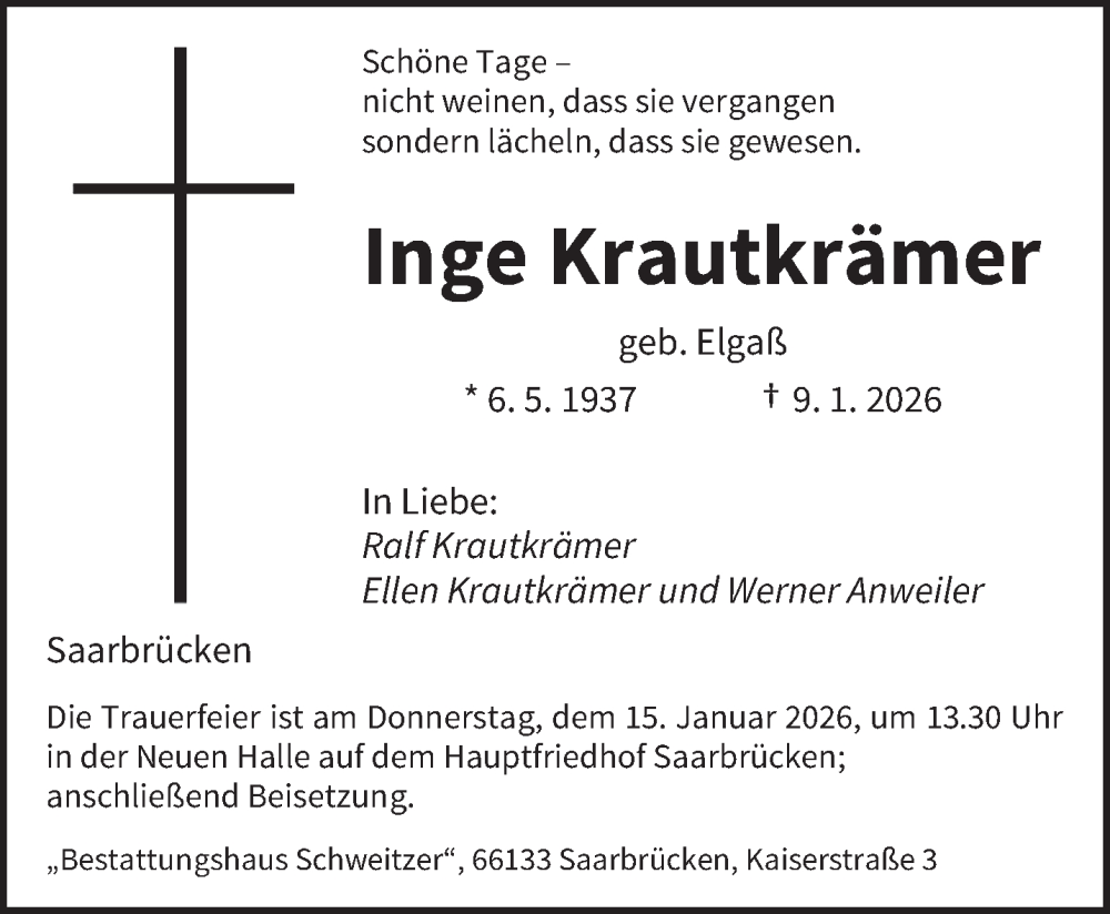  Traueranzeige für Inge Krautkrämer vom 13.01.2026 aus saarbruecker_zeitung