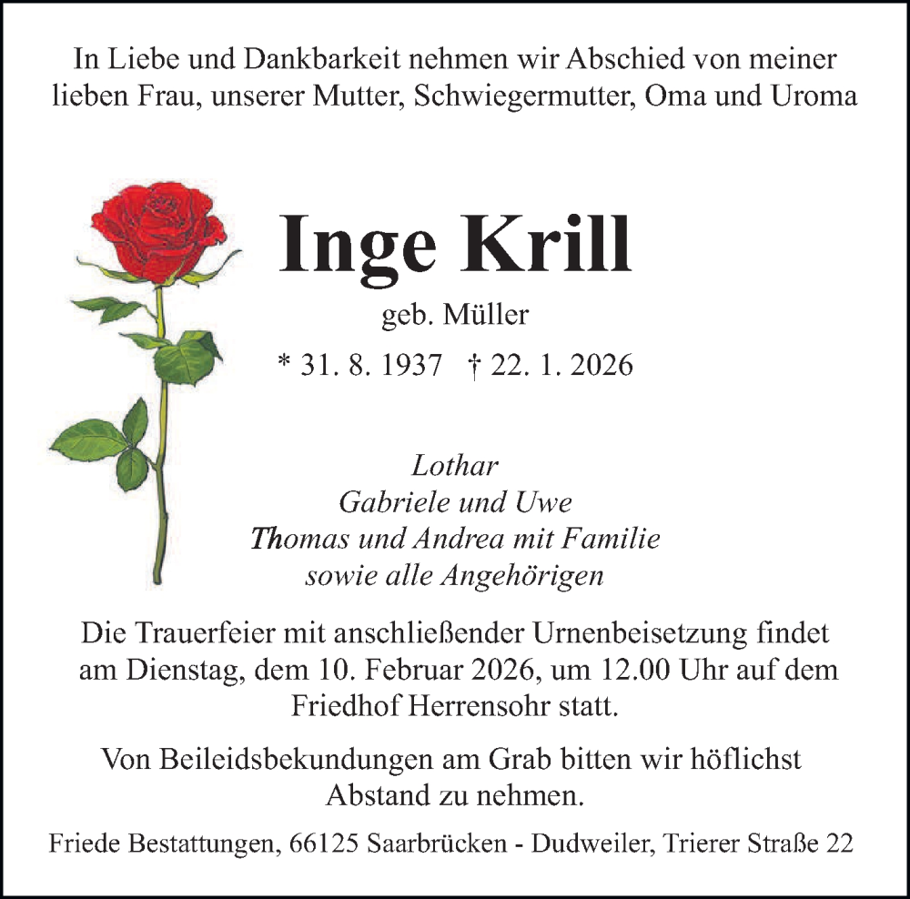  Traueranzeige für Inge Krill vom 31.01.2026 aus saarbruecker_zeitung