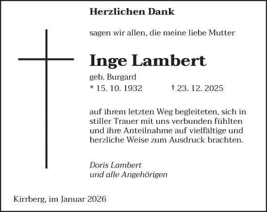 Traueranzeige von Inge Lambert von saarbruecker_zeitung