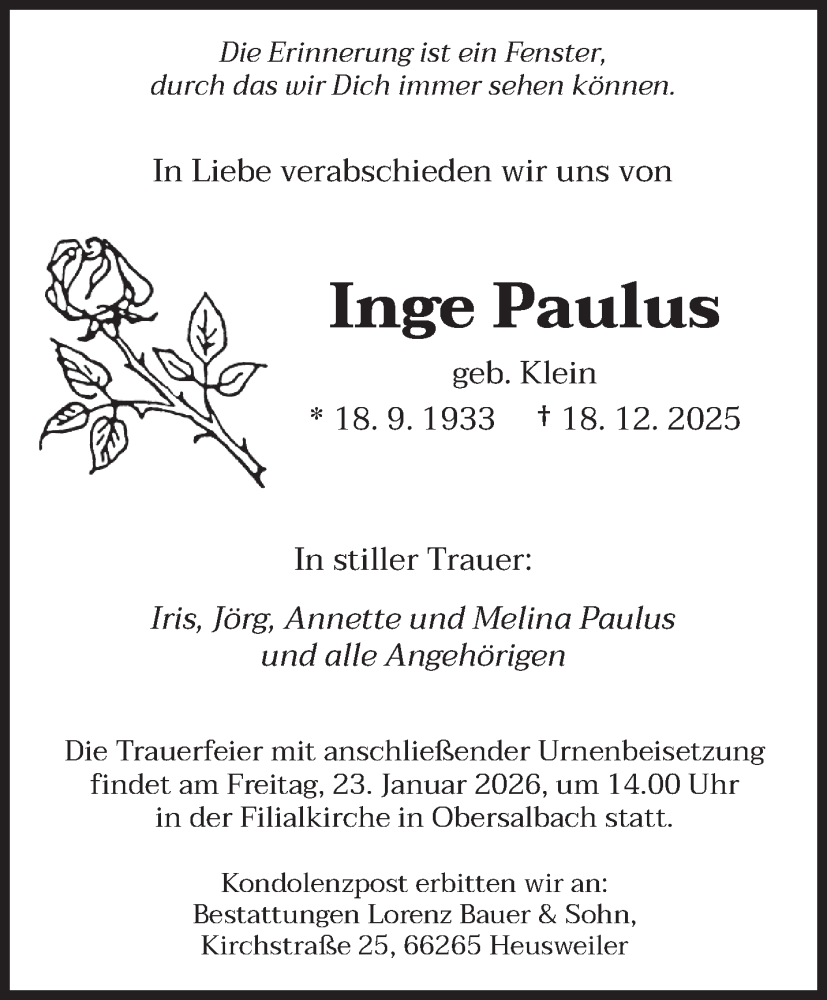  Traueranzeige für Inge Paulus vom 10.01.2026 aus saarbruecker_zeitung