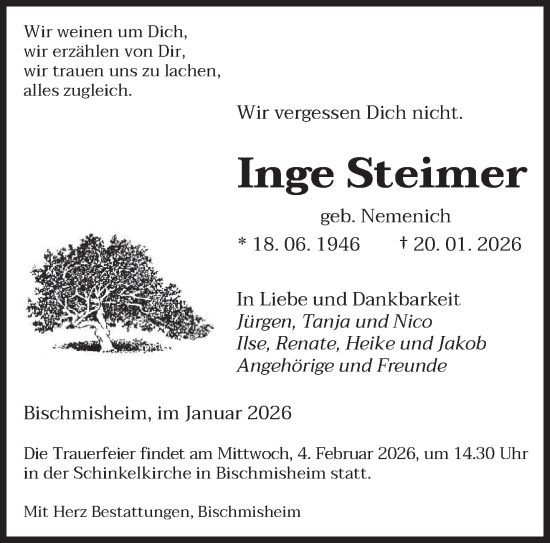 Traueranzeige von Inge Steimer von saarbruecker_zeitung