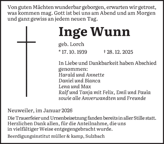 Traueranzeige von Inge Wunn von saarbruecker_zeitung