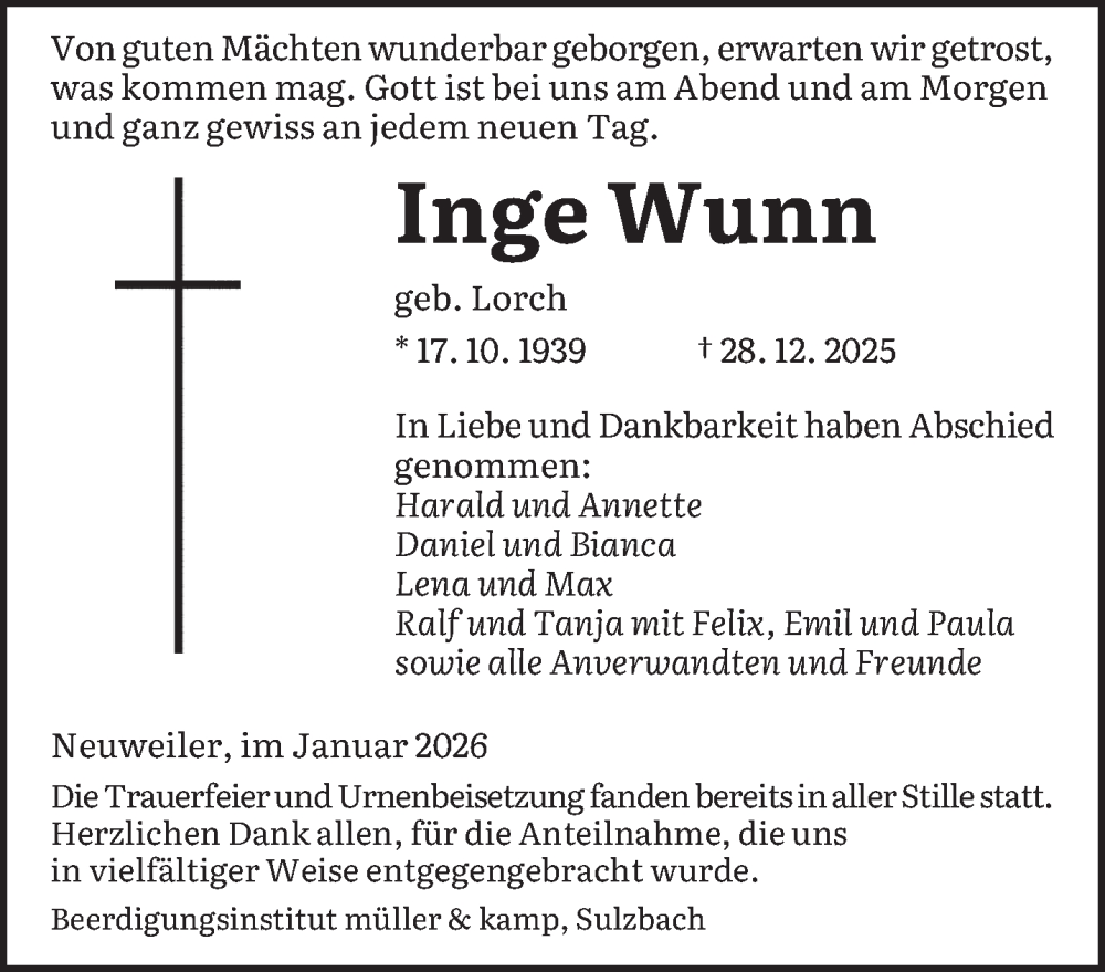  Traueranzeige für Inge Wunn vom 24.01.2026 aus saarbruecker_zeitung