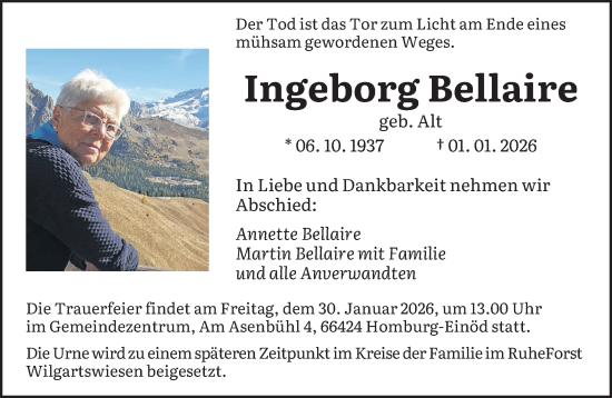 Traueranzeige von Ingeborg Bellaire von saarbruecker_zeitung