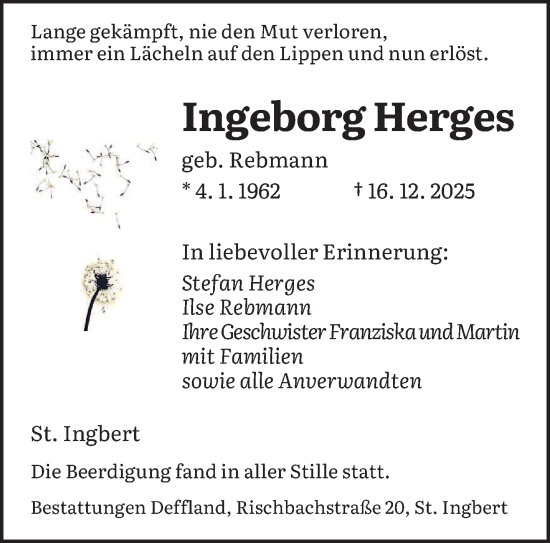 Traueranzeige von Ingeborg Herges von saarbruecker_zeitung