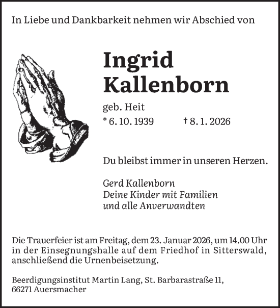 Traueranzeige von Ingrid Kallenborn von saarbruecker_zeitung