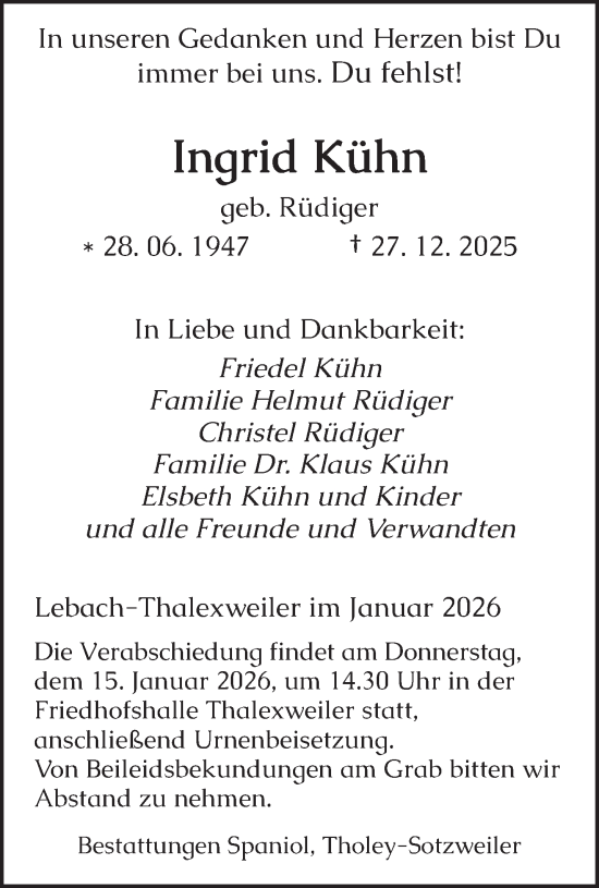 Traueranzeige von Ingrid Kühn von saarbruecker_zeitung
