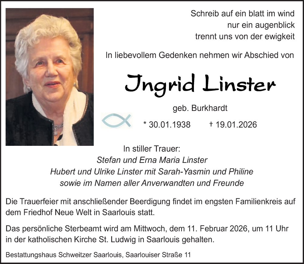  Traueranzeige für Ingrid Linster vom 24.01.2026 aus saarbruecker_zeitung