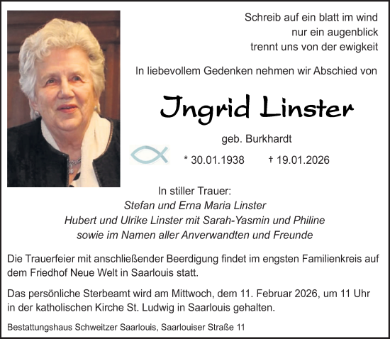 Traueranzeige von Ingrid Linster von saarbruecker_zeitung