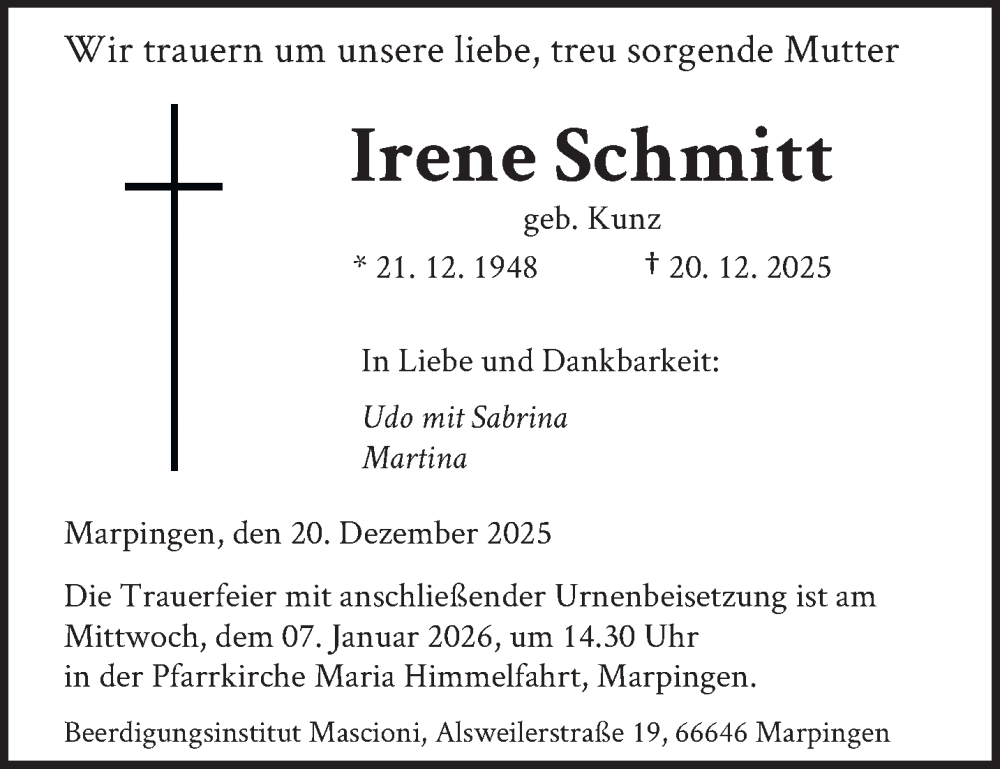 Traueranzeige für Irene Schmitt vom 03.01.2026 aus saarbruecker_zeitung