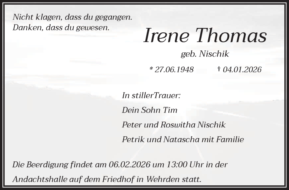  Traueranzeige für Irene Thomas vom 31.01.2026 aus saarbruecker_zeitung