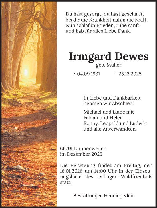 Traueranzeige von Irmgard Dewes von saarbruecker_zeitung