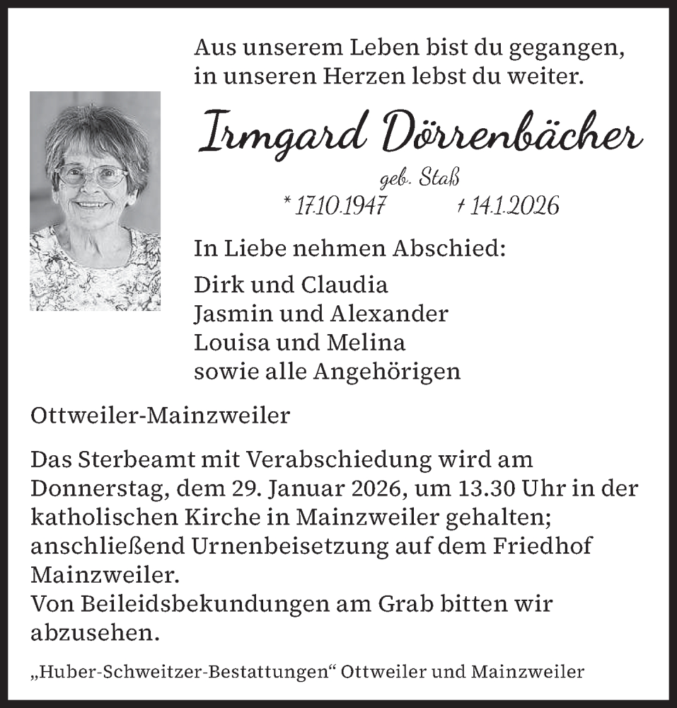  Traueranzeige für Irmgard Dörrenbächer vom 24.01.2026 aus saarbruecker_zeitung