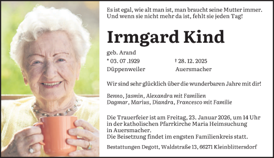 Traueranzeige von Irmgard Kind von saarbruecker_zeitung