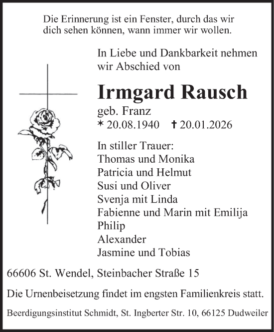Traueranzeige von Irmgard Rausch von saarbruecker_zeitung