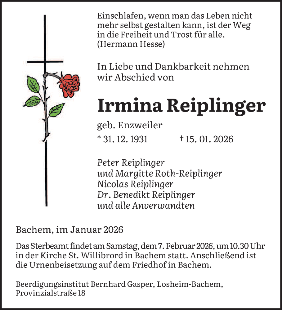  Traueranzeige für Irmina Reiplinger vom 24.01.2026 aus saarbruecker_zeitung