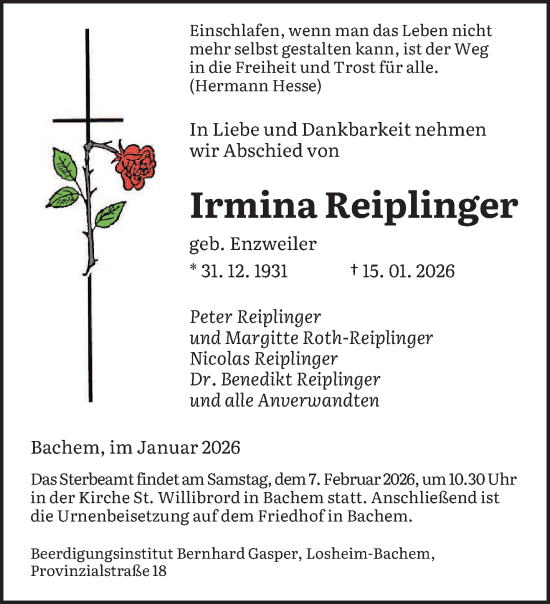 Traueranzeige von Irmina Reiplinger von saarbruecker_zeitung