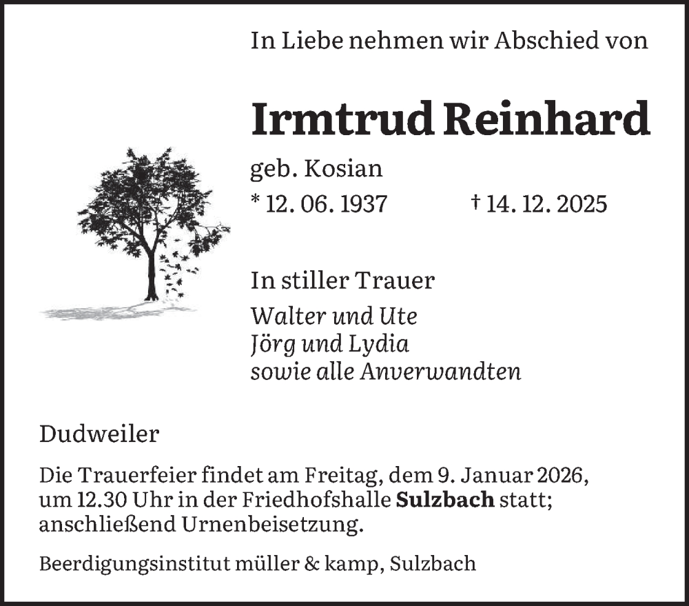  Traueranzeige für Irmtrud Reinhard vom 03.01.2026 aus saarbruecker_zeitung