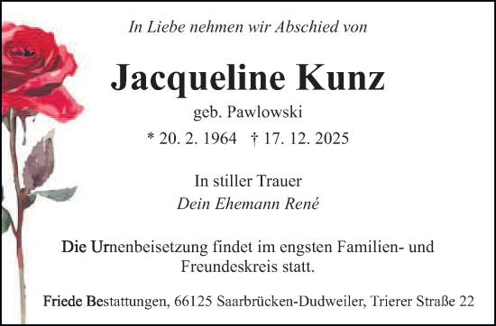 Traueranzeige von Jacqueline Kunz von saarbruecker_zeitung