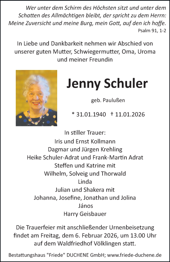 Traueranzeige von Jenny Schuler von saarbruecker_zeitung