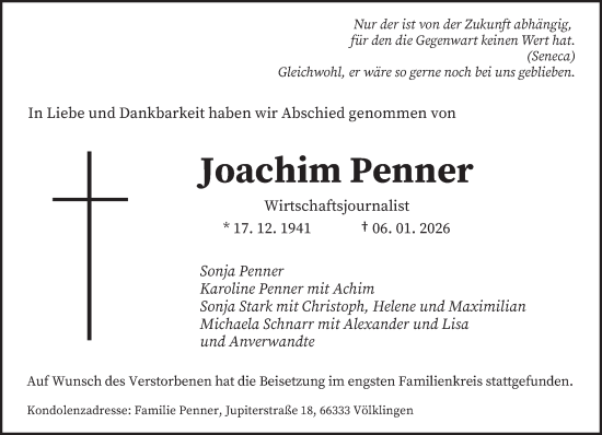 Traueranzeige von Joachim Penner von saarbruecker_zeitung
