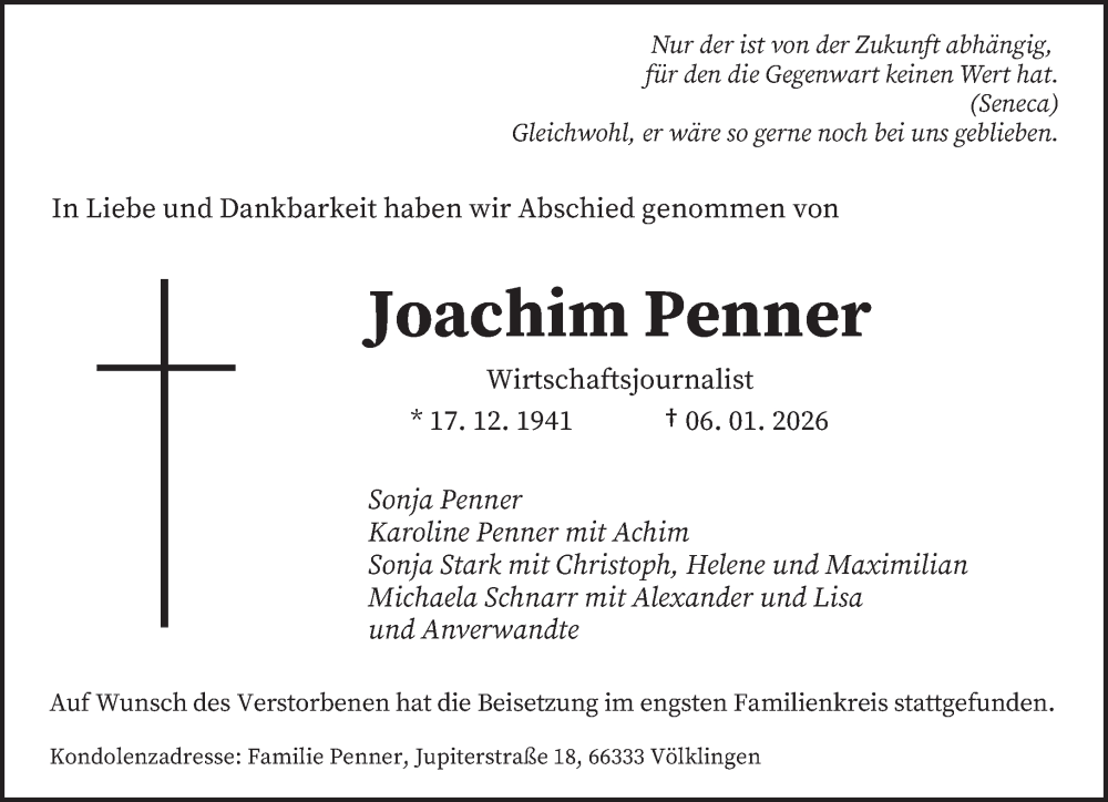  Traueranzeige für Joachim Penner vom 24.01.2026 aus saarbruecker_zeitung