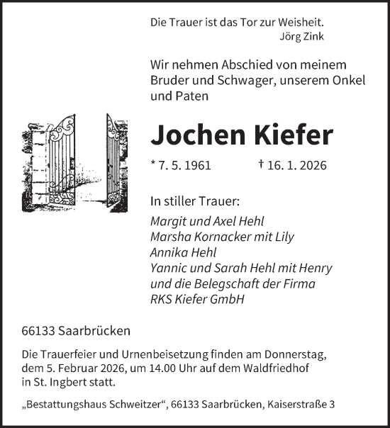 Traueranzeige von Jochen Kiefer von saarbruecker_zeitung