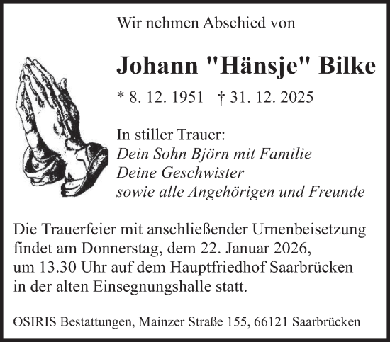 Traueranzeige von Johann Bilke von saarbruecker_zeitung