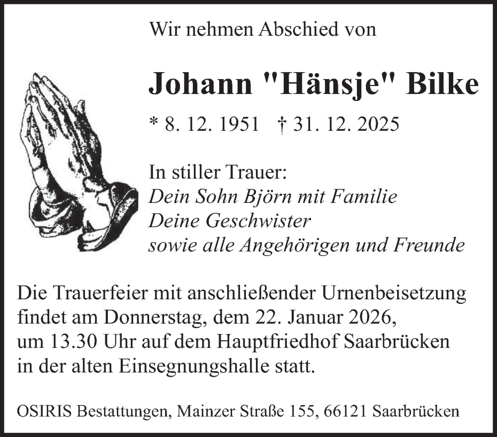  Traueranzeige für Johann Bilke vom 17.01.2026 aus saarbruecker_zeitung