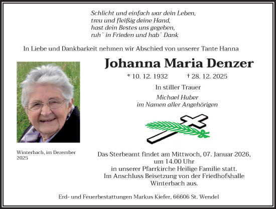 Traueranzeige von Johanna Maria Denzer von saarbruecker_zeitung
