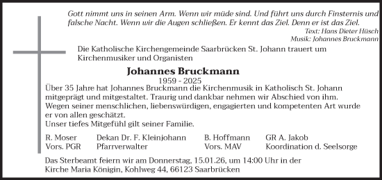Traueranzeige von Johannes Bruckmann von saarbruecker_zeitung