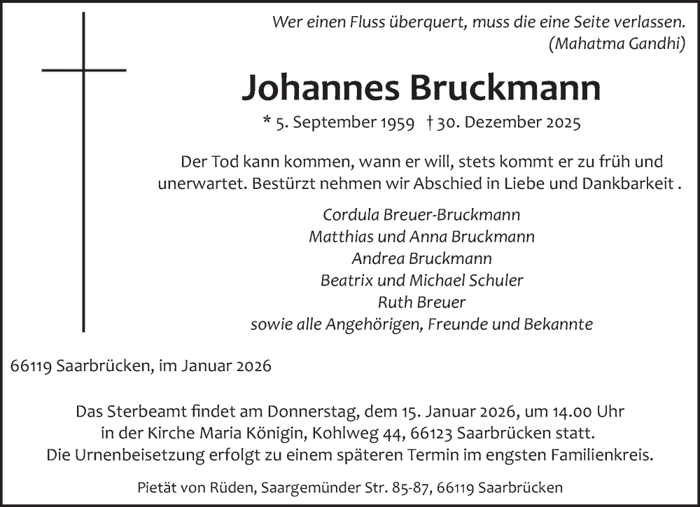  Traueranzeige für Johannes Bruckmann vom 10.01.2026 aus saarbruecker_zeitung