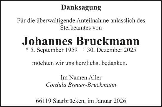 Traueranzeige von Johannes Bruckmann von saarbruecker_zeitung