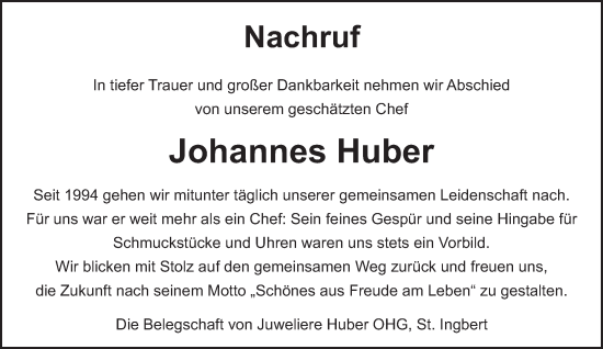 Traueranzeige von Johannes Huber von saarbruecker_zeitung