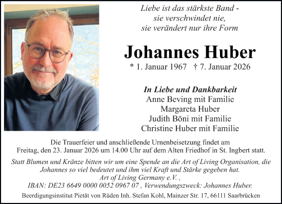 Traueranzeige von Johannes Huber von saarbruecker_zeitung