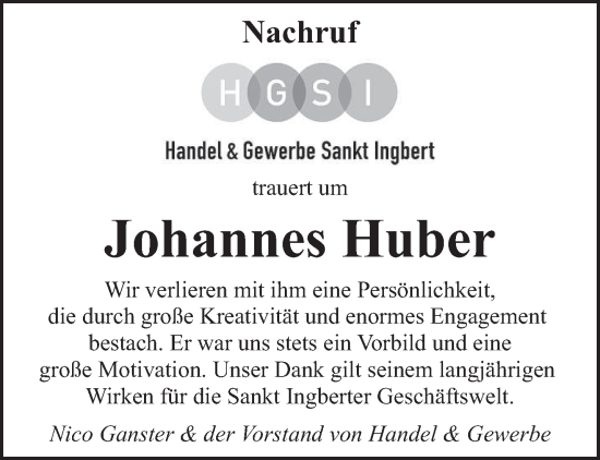 Traueranzeige von Johannes Huber von saarbruecker_zeitung