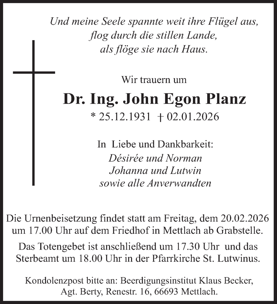  Traueranzeige für John Egon Planz vom 31.01.2026 aus saarbruecker_zeitung