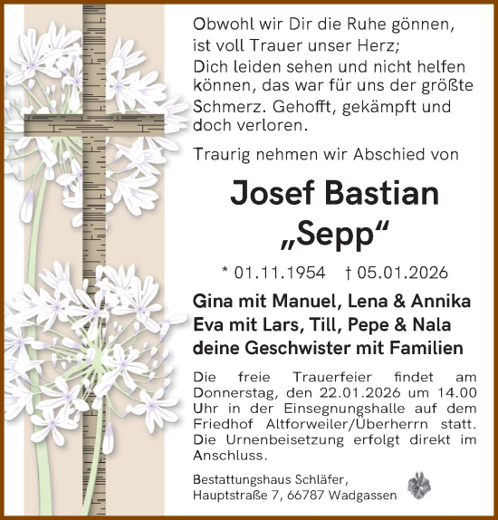 Traueranzeige von Josef Bastian von saarbruecker_zeitung