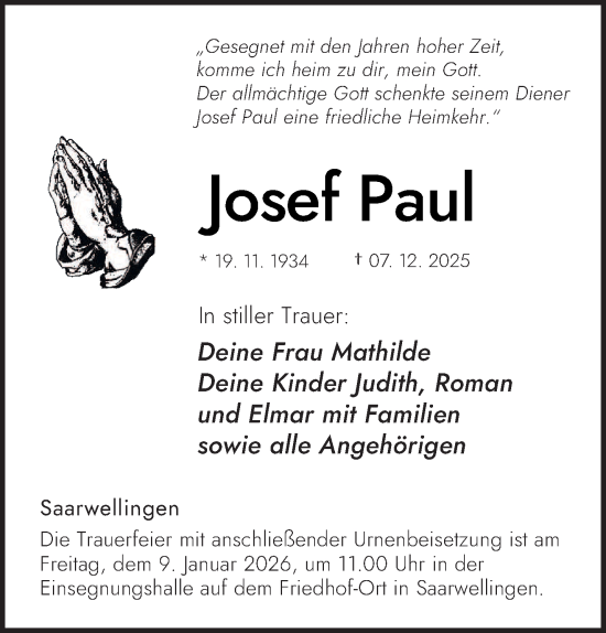 Traueranzeige von Josef Paul von saarbruecker_zeitung