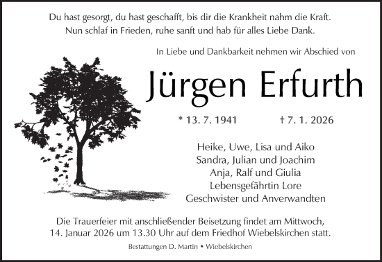 Traueranzeige von Jürgen Erfurth von saarbruecker_zeitung