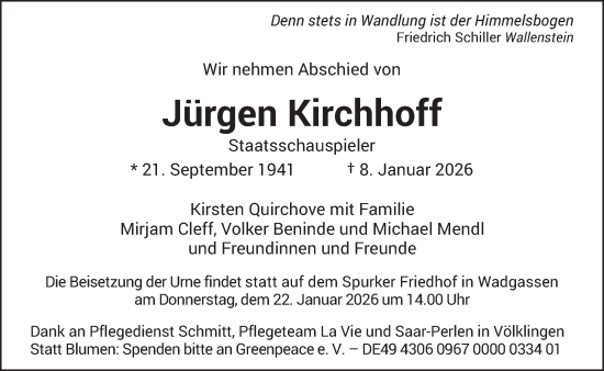 Traueranzeige von Jürgen Kirchhoff von saarbruecker_zeitung